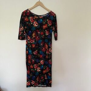 Dorothy Perkins Black Floral Bodycon Midi Dress Elbow Sleeve Size UK 10 US 6